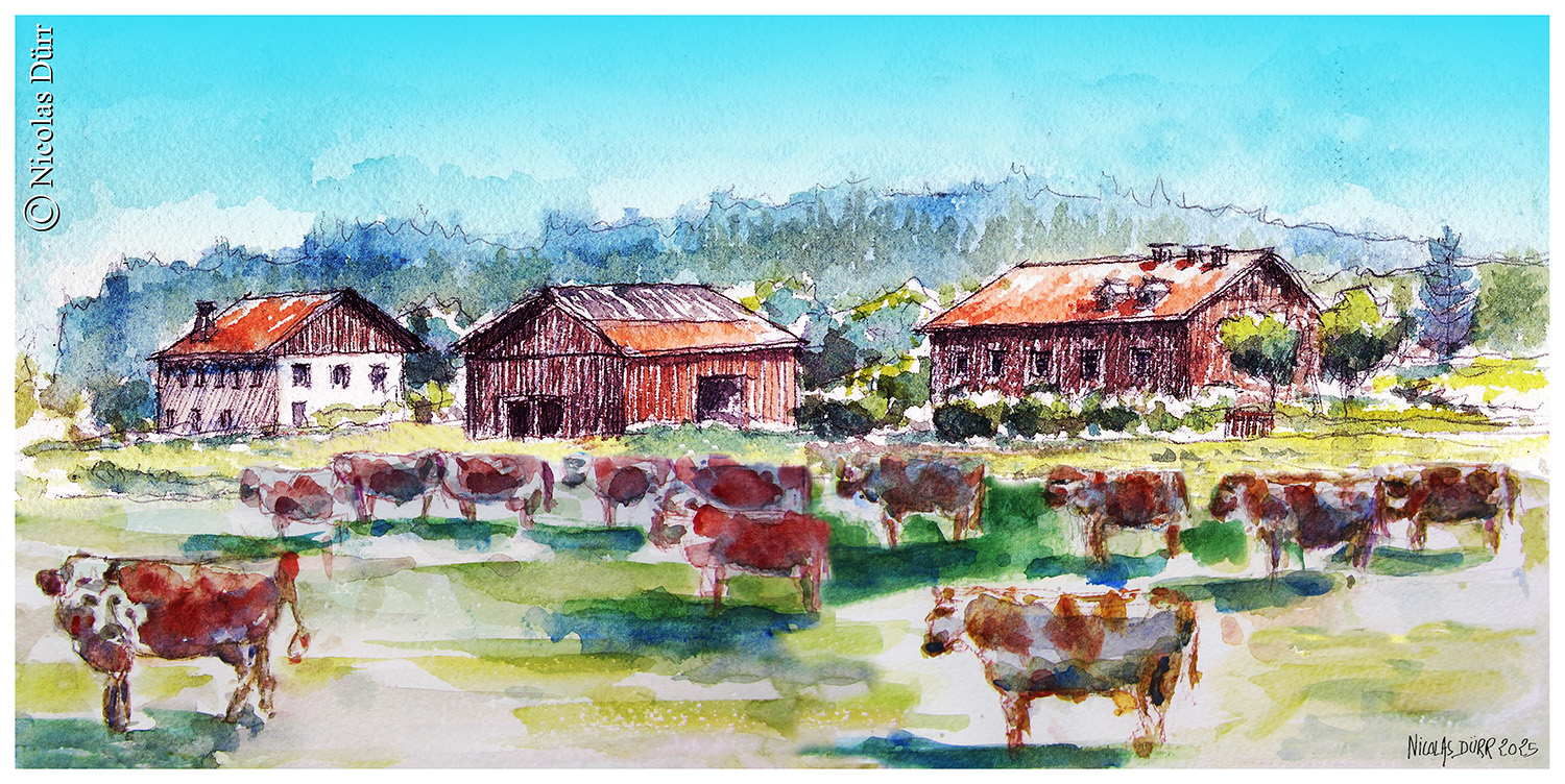 Aquarelle de Nicolas sur la maison d'hôtes "Chez les Colin", bâtiment à gauche